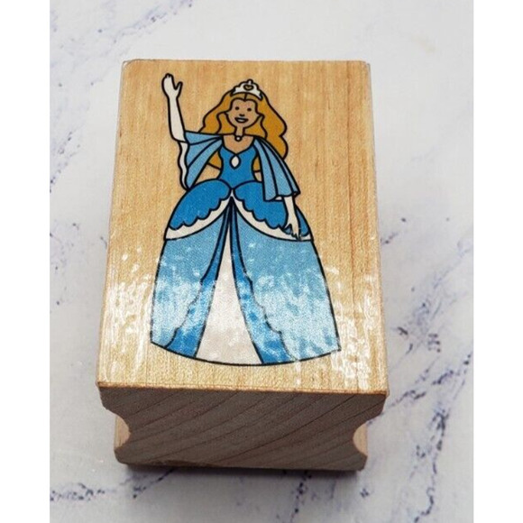 Princess Queen in Ball Gown with Crown Tiara Wood Mounted Rubber Stamp - Picture 1 of 7